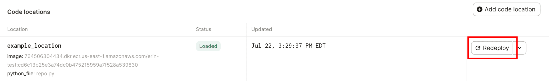 Highlighted Redeploy option in the dropdown menu next to a code location in Dagster Cloud
